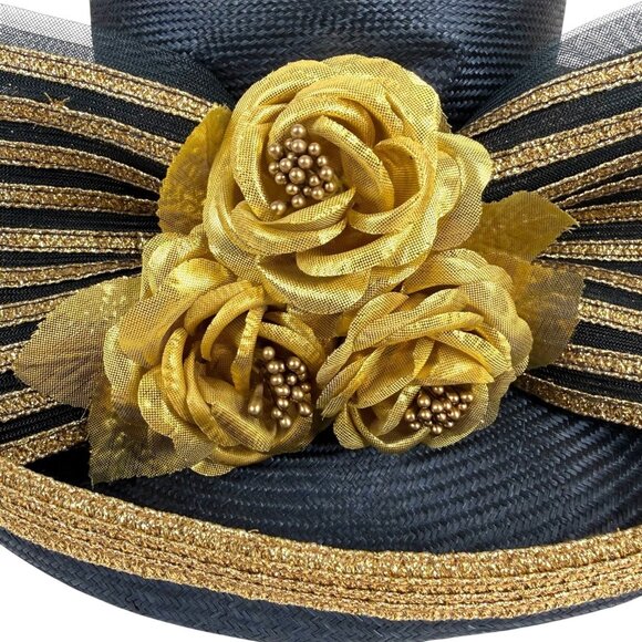 Mr John Classic Church Hat Blue And Gold Floral Bow Embellishments Wide Brim - Picture 4 of 11